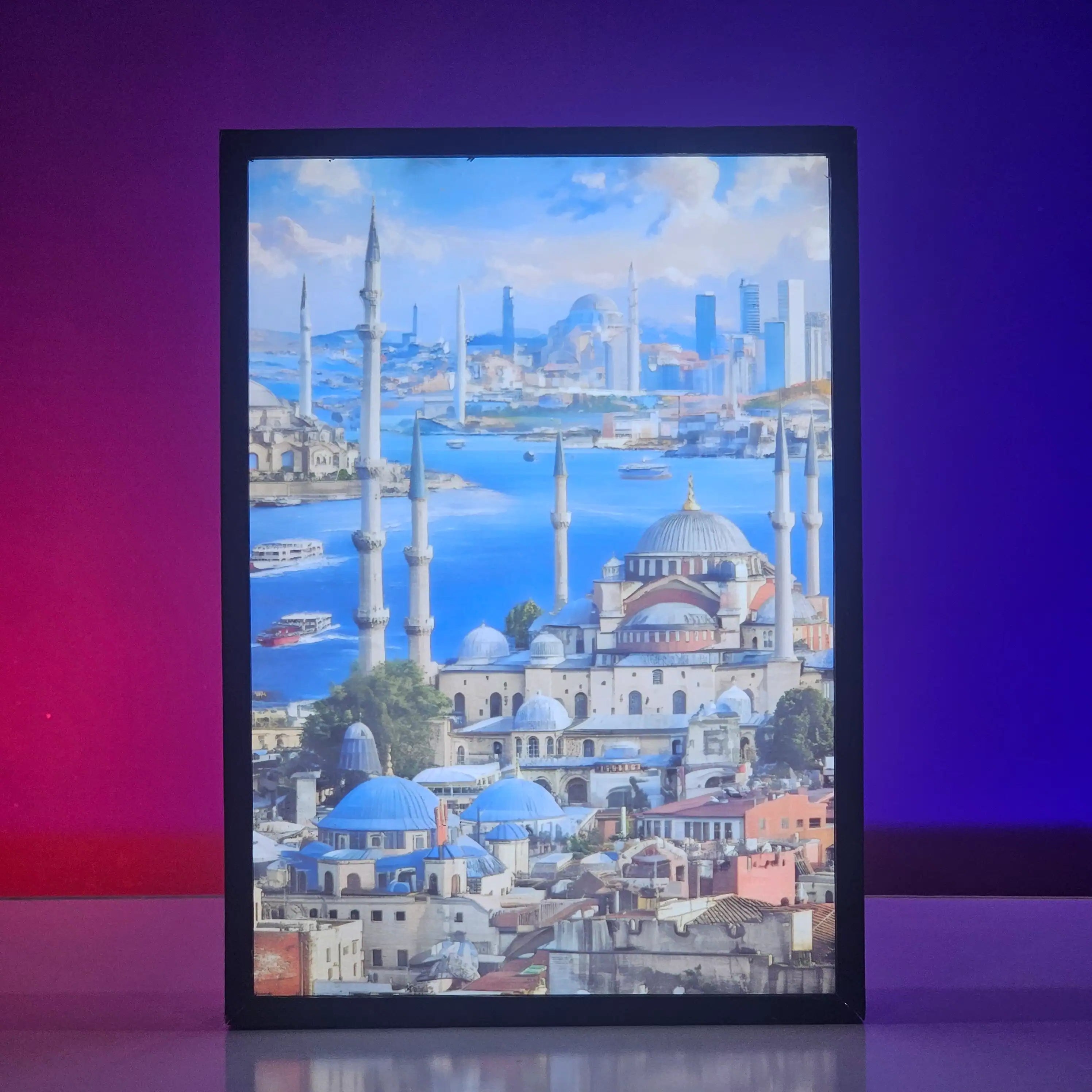 Cityscape with blue domes and minarets on a screen with a purple and pink gradient background