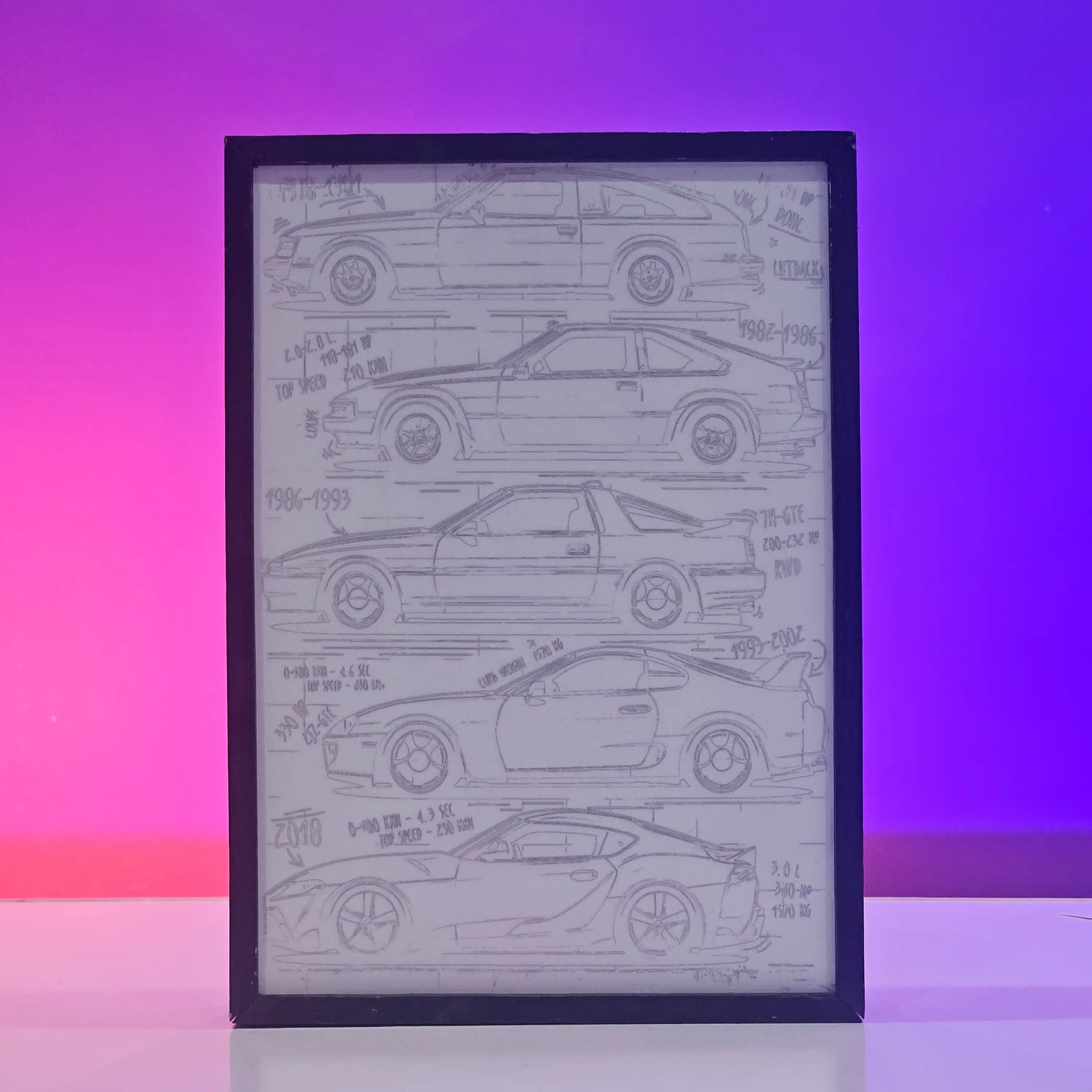 Toyota Generation Backlit Frame – Cars LED Wall Art Pakistan