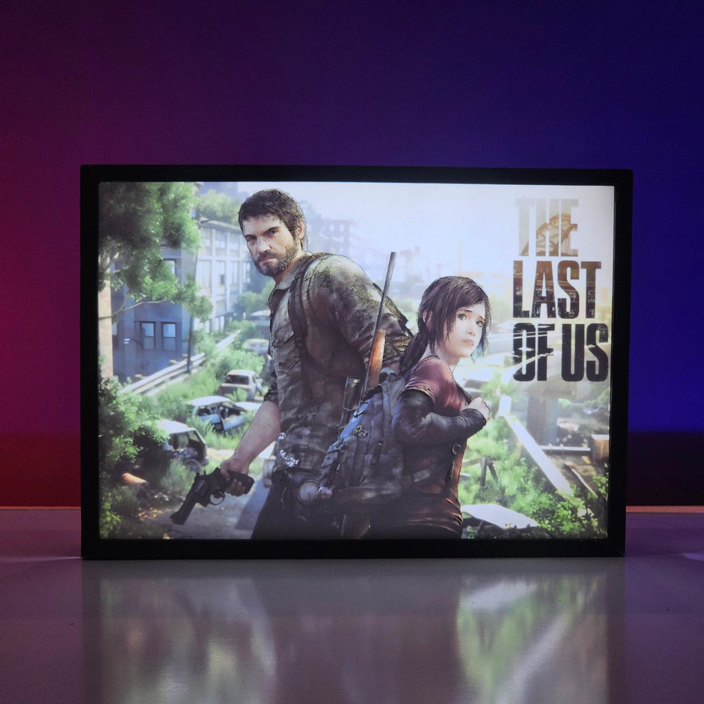 Poster of 'The Last of Us' game with two characters on a screen.