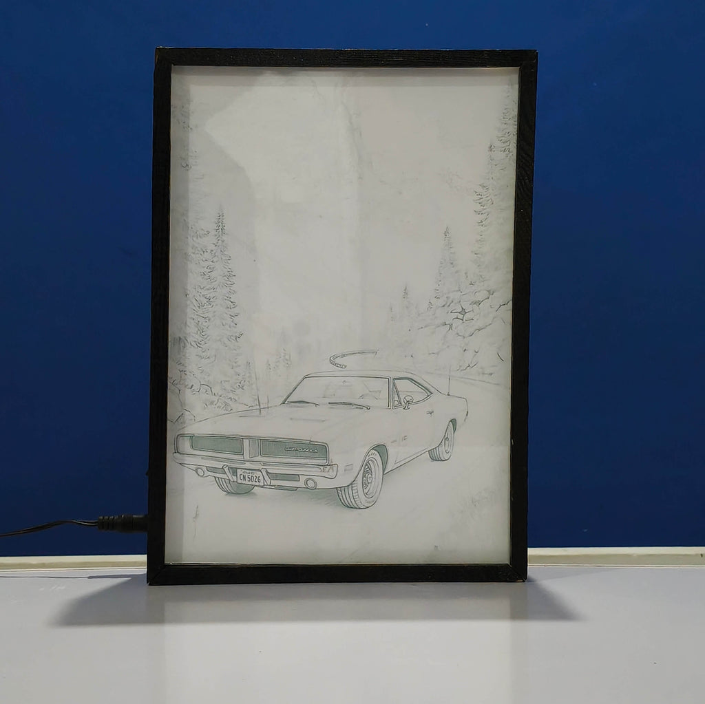 Framed drawing of a classic 1960 dodge car in a forest on a blue background Sketch backlit frame