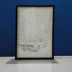 Framed drawing of a classic 1960 dodge car in a forest on a blue background Sketch backlit frame