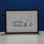 Framed drawing of a Dodge Challenger SRT Hellcat car on a white surface with a blue Backlit frame background
