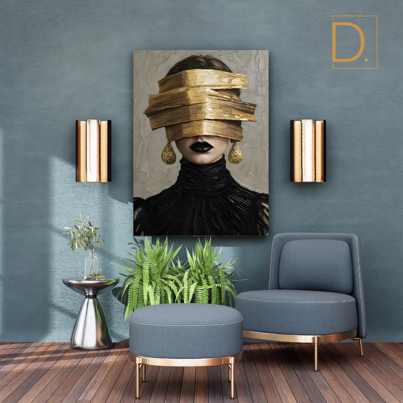 Glamour Noir Blindfold Gold Texture Canvas – Knife Work Art