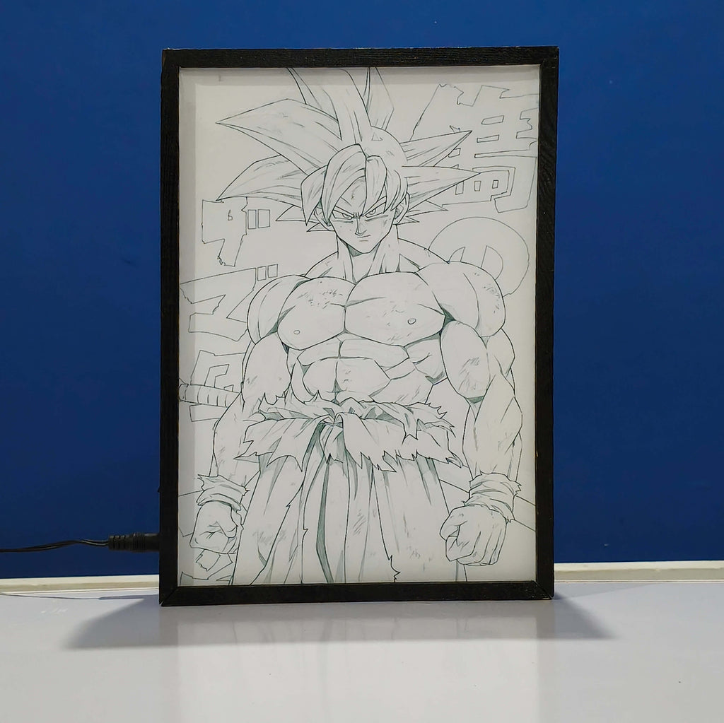 Framed line drawing of Goku Ultra Instinct Form on a blue background Backlit Frame