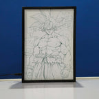 Framed line drawing of Goku Ultra Instinct Form on a blue background Backlit Frame
