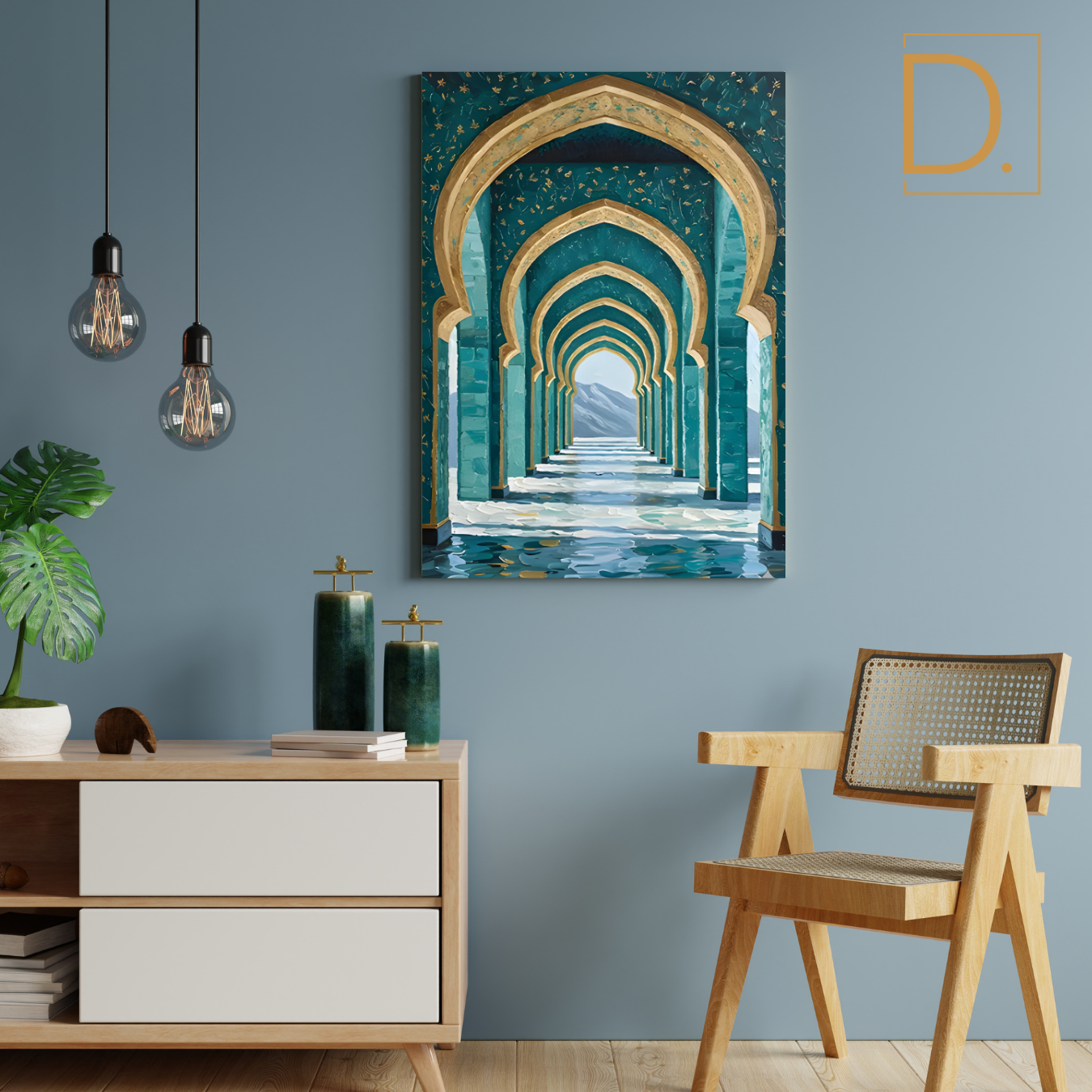 Islamic Architecture Arched Corridor with Gold Floral Accents