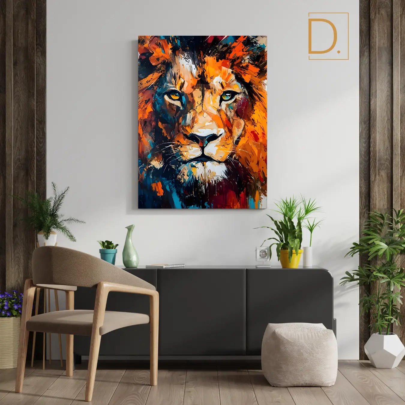 Majestic Lion Portrait Canvas – Vibrant Brushstroke Wall Art