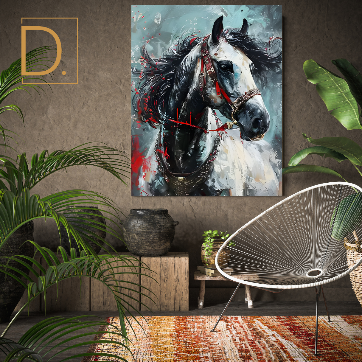 Majestic White Horse with Red Bridle