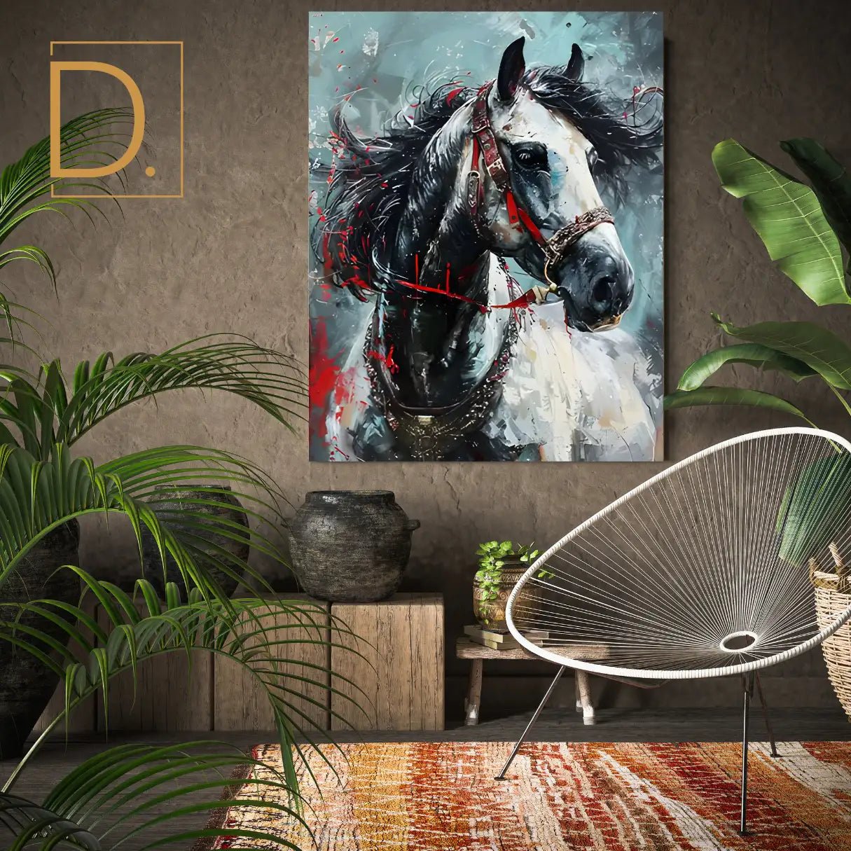 Majestic White Horse Red Bridle Canvas – Premium Wall Art