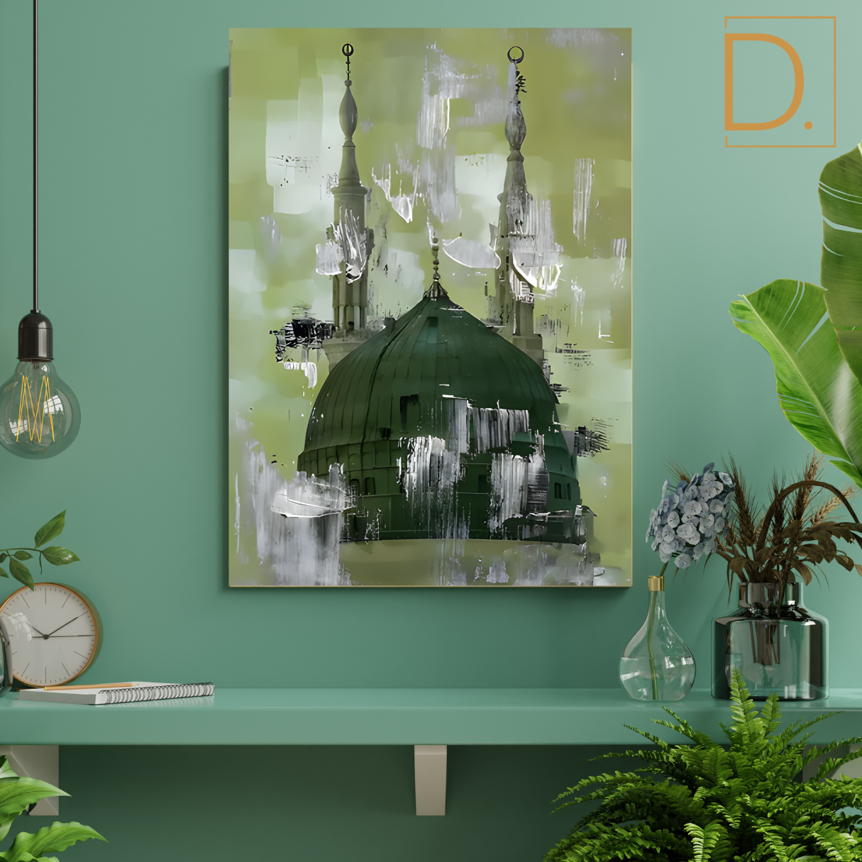 Masjid Nabawi On Green Strokes Background Knife Work