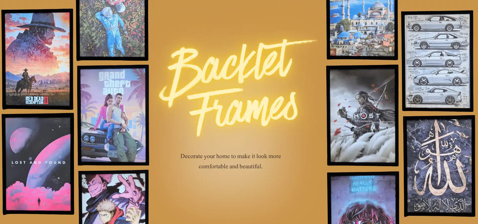 Promotional image for 'Backlet Frames' with various framed artworks on a yellow background.