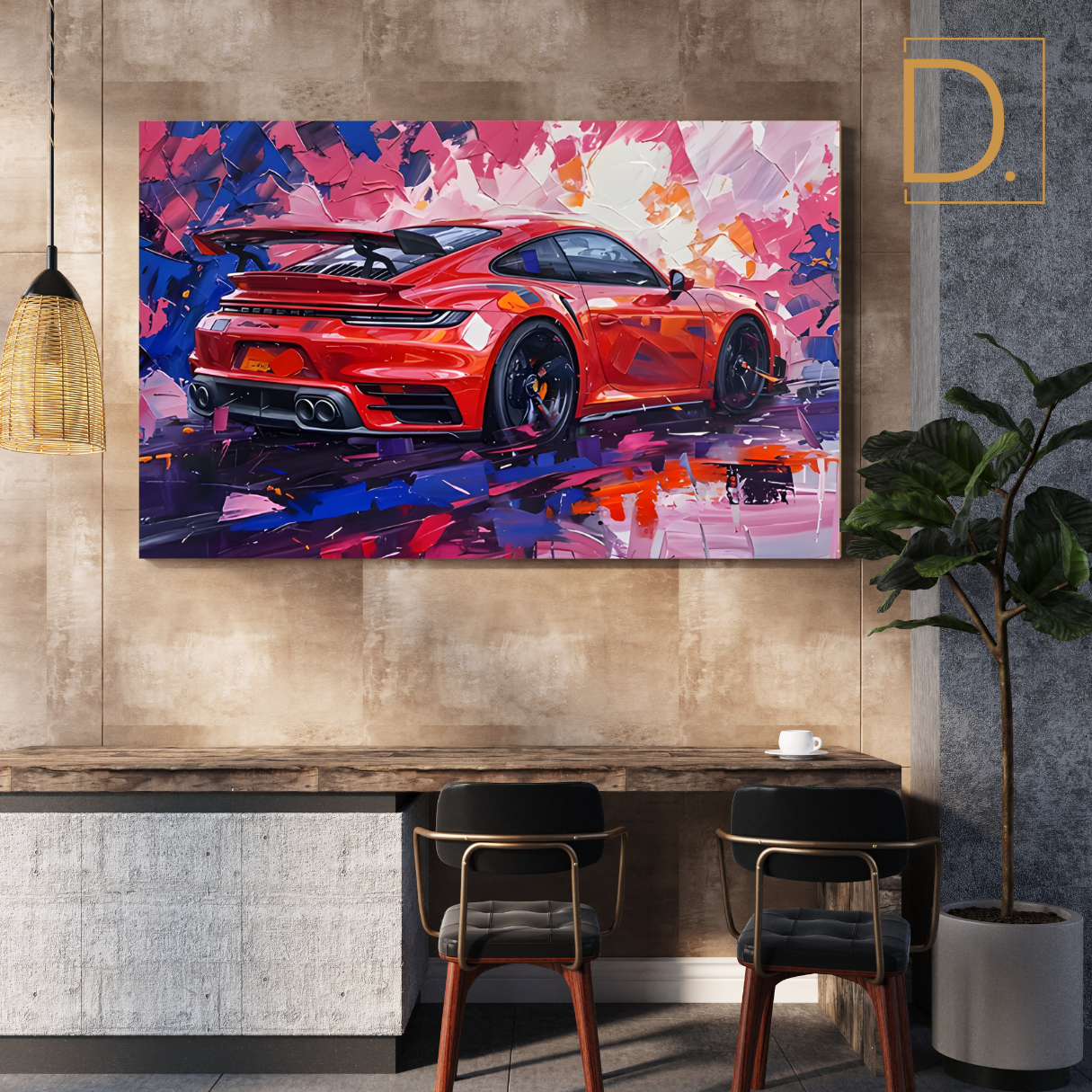 Red Porsche On Vibrant Abstract Background Knife Work Style