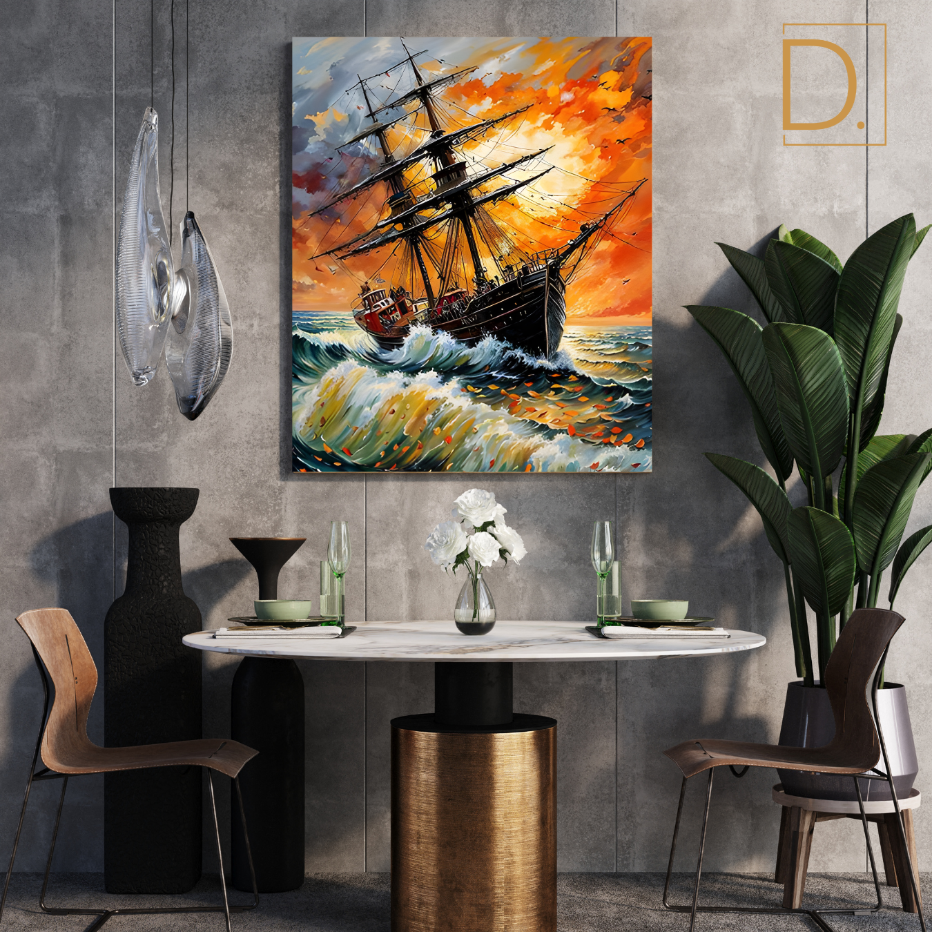 Sailing Ship on a Stormy Sea with Orange Sky