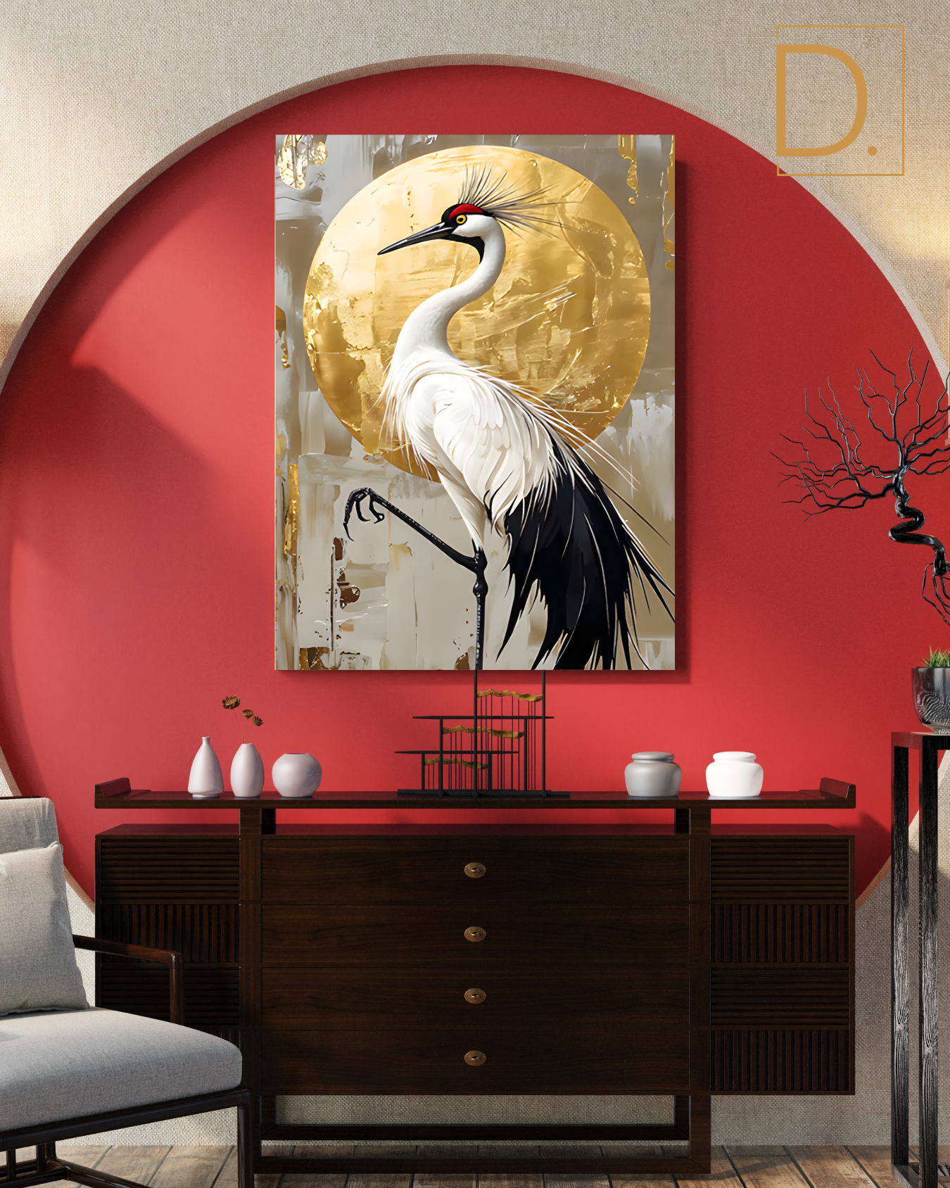 White Crane Bird With Golden Moon Knife Work