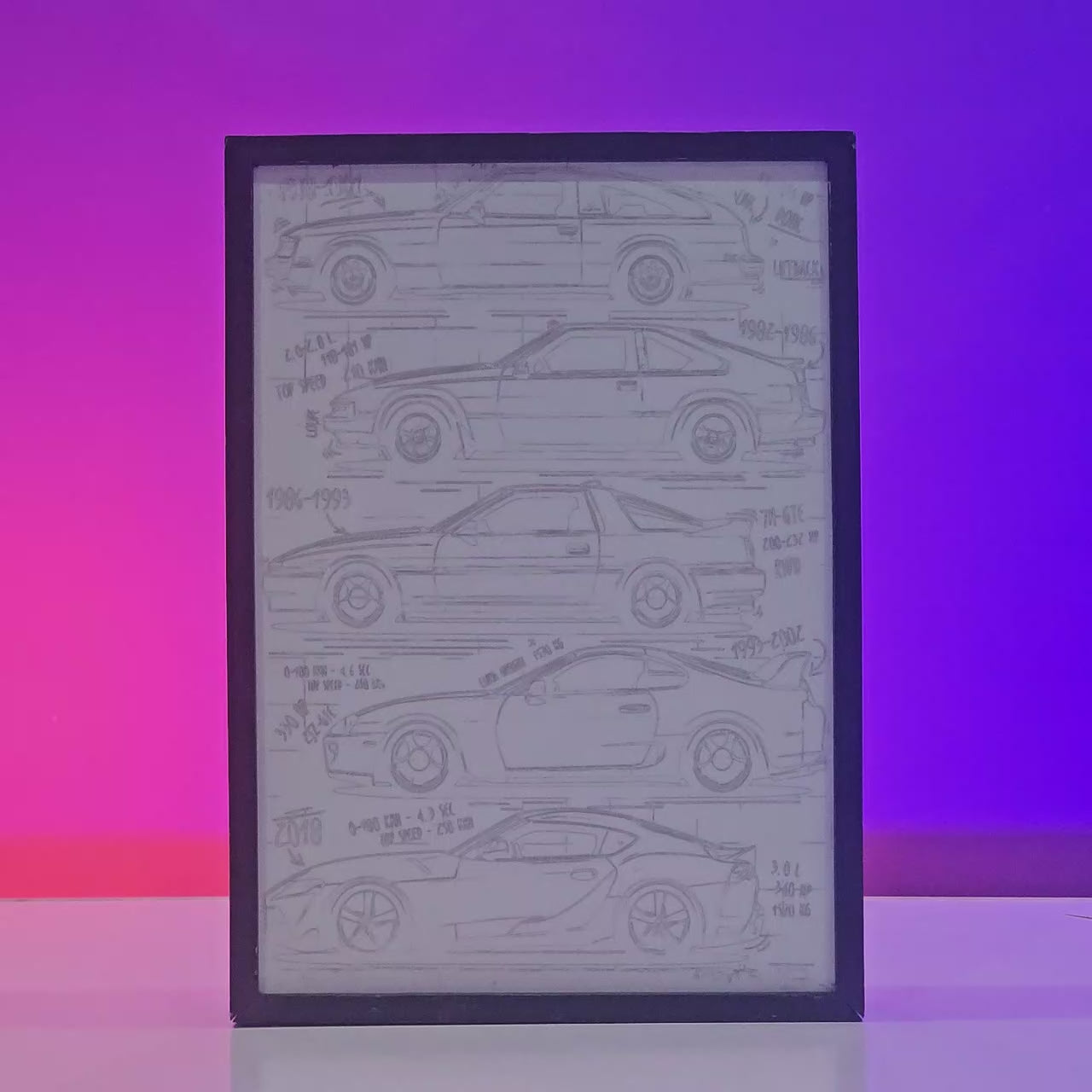 Toyota Generation Backlit Frame – Cars LED Wall Art Pakistan